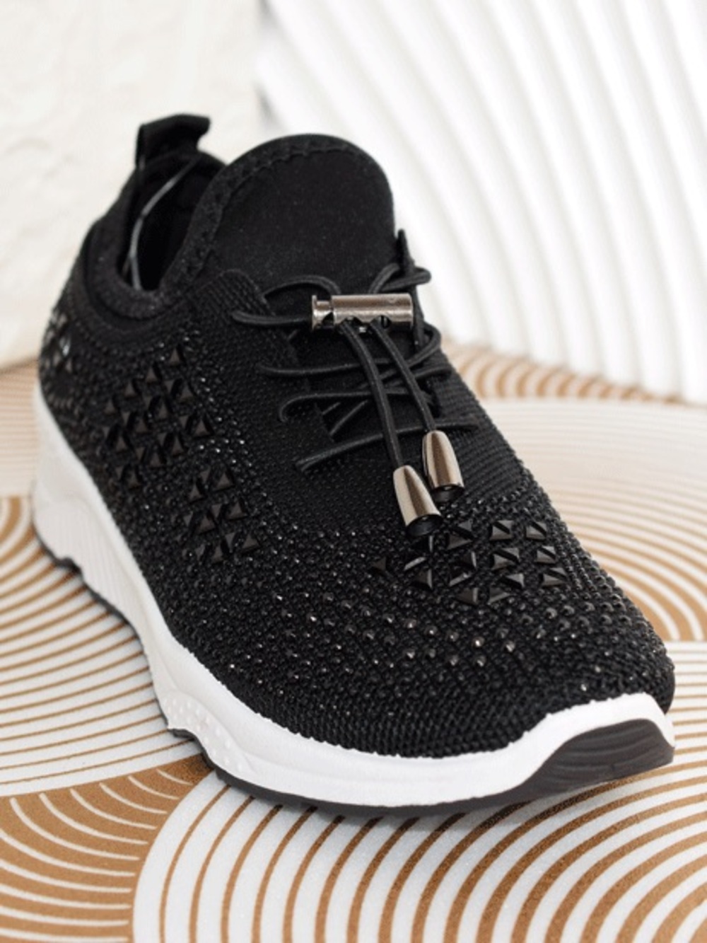 Italina Black Rhinestone Embellished Toggle Lace Up Platform Bubble Sneakers